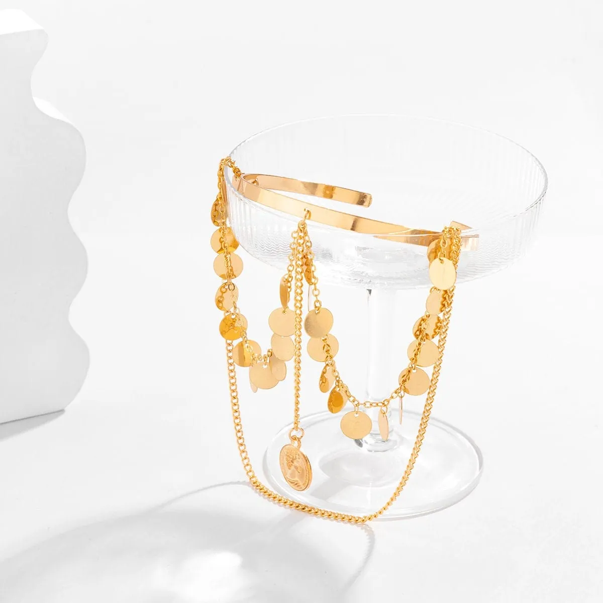 Minimalist Layered Round Disk Charm Sequins Tassel Arm Cuff