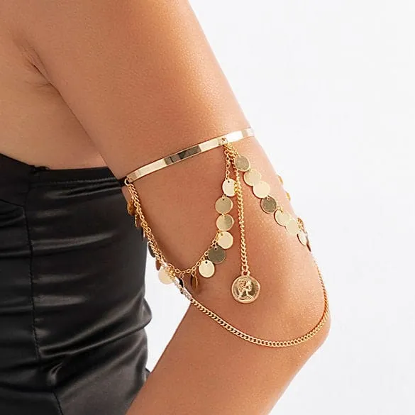 Minimalist Layered Round Disk Charm Sequins Tassel Arm Cuff