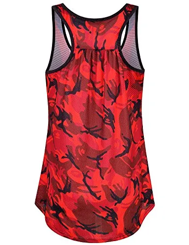 Miusey Yoga Tops, Womens Mesh Workout Tanks Sleeveless Tunic Crew Neck Loose Fit Pattern Print Racerback Activewear Summer Casual Climbing Athletic Shirt Sport Clothes Camo Red M