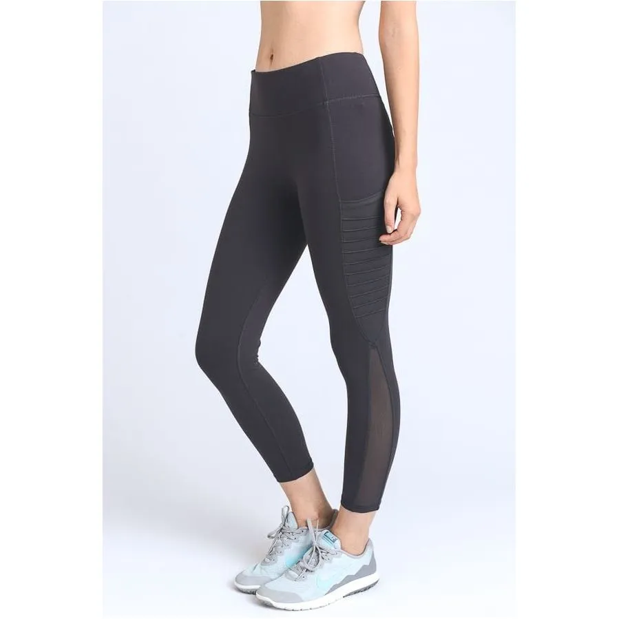 Moto Ribbed Splice Mesh Pocket Full Leggings (AP1714-Charcoal-Grey)