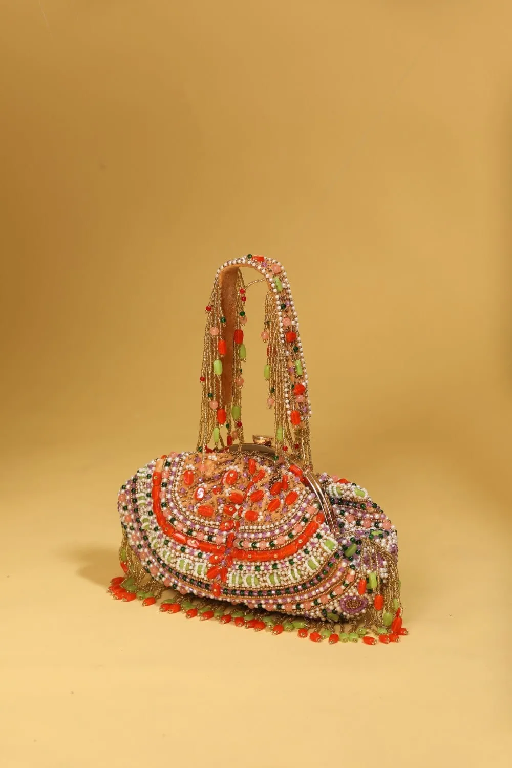 Multicolor Bead Embroidered Tassel Bag - Designer Party Clutch