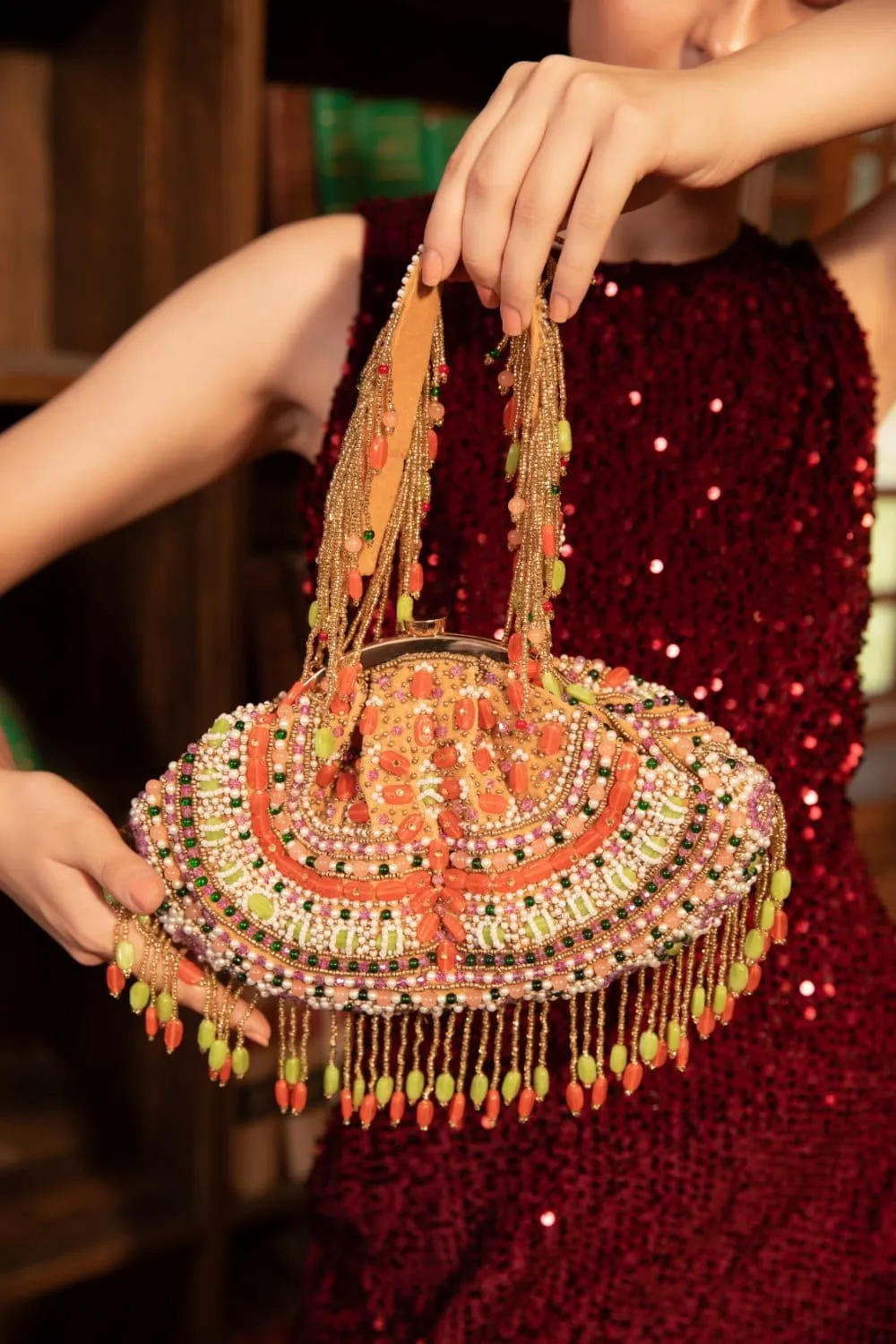 Multicolor Bead Embroidered Tassel Bag - Designer Party Clutch