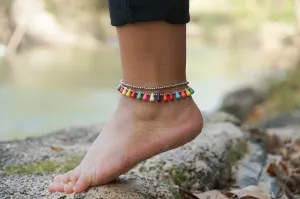 Multicolor Dangling Beads Boho Silver Anklet