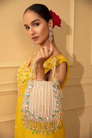 Multicolor Hand Embroidered Velvet Potli With Detachable Strap