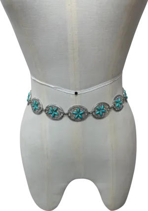 My Accessories London Flower Stone Chain Belt In Silver And Blue One Size