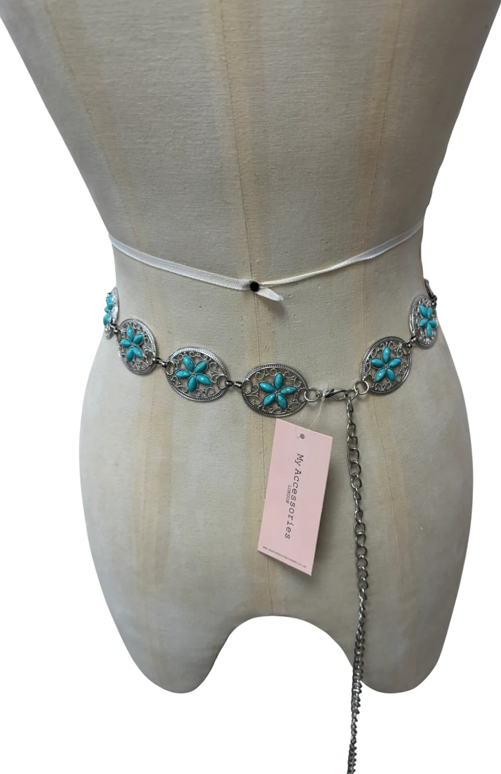 My Accessories London Flower Stone Chain Belt In Silver And Blue One Size