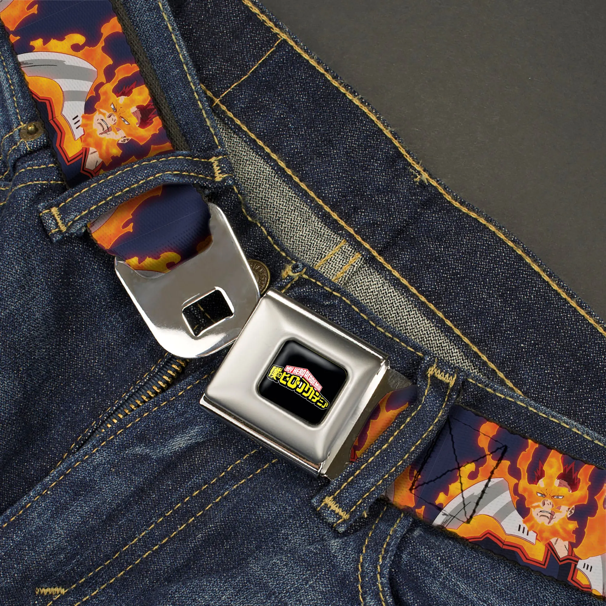 MY HERO ACADEMIA Title Logo Full Color Black Seatbelt Belt - My Hero Academia Flame Hero Endeavor Pose Blue Webbing