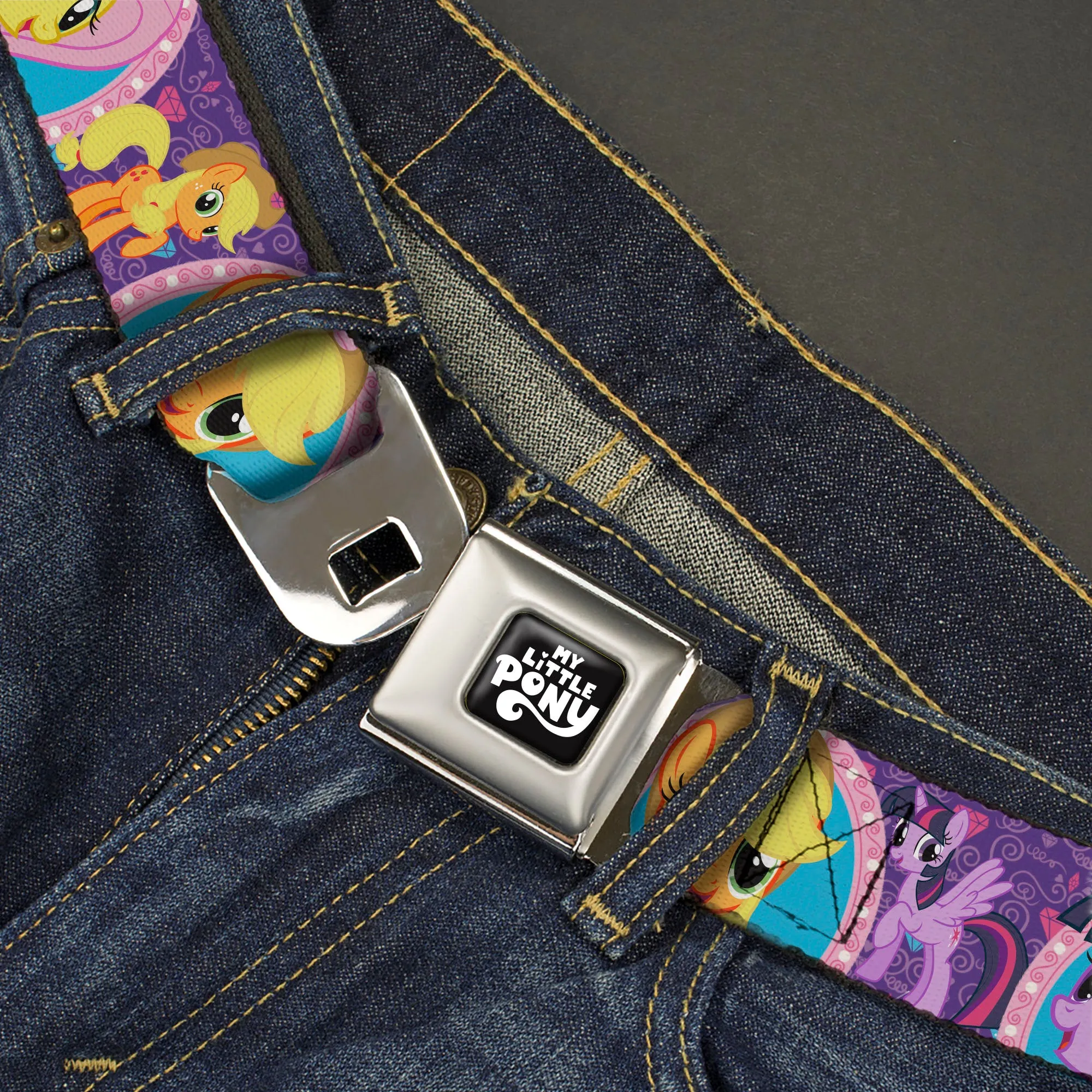 MY LITTLE PONY Title Logo Full Color Black/Purple/White Seatbelt Belt - My Little Pony Mane Six Close-Up Faces and Poses Purples/Pinks Webbing