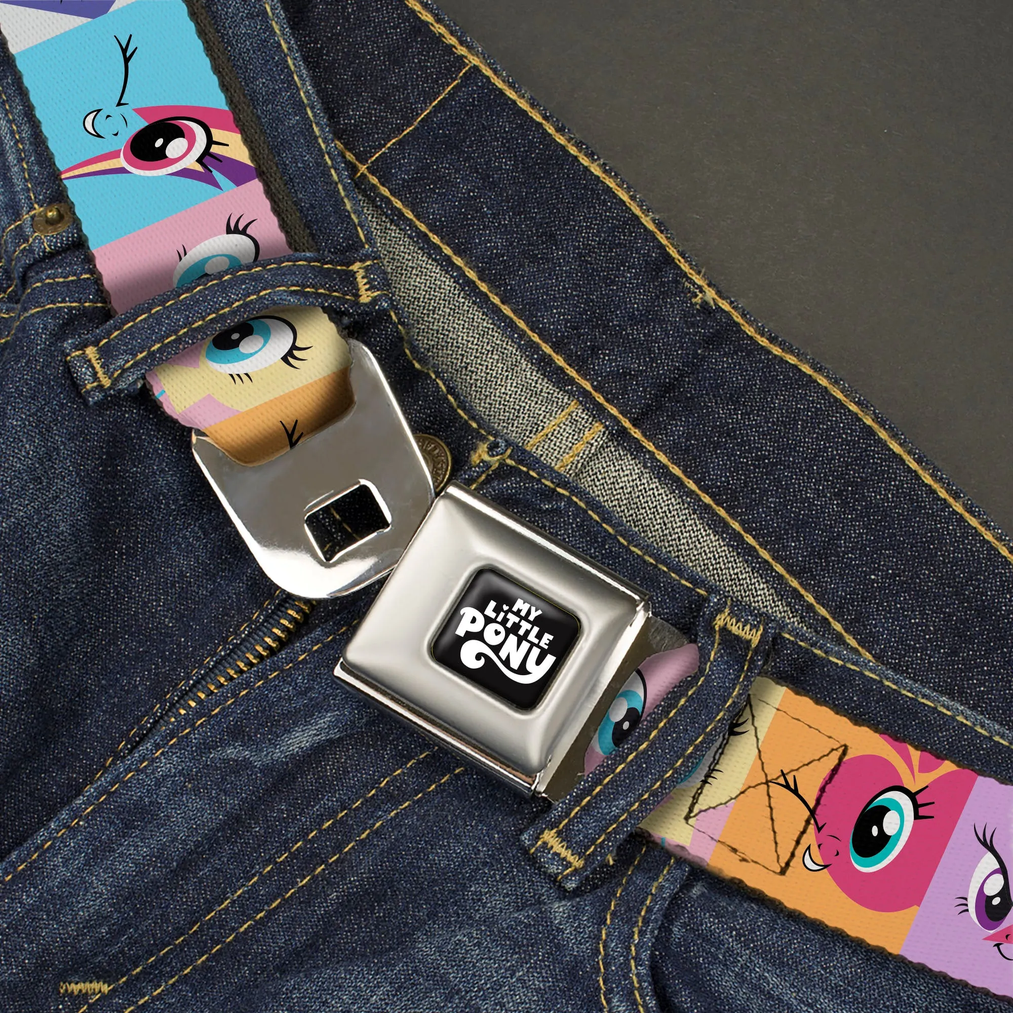 MY LITTLE PONY Title Logo Full Color Black/Purple/White Seatbelt Belt - My Little Pony Mane Six Cutie Mark Expression Blocks Multi Color Webbing