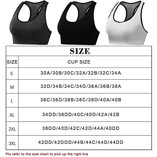 NanaDay Racerback Sports Bras for Women High Impact Workout Gym Yoga Activewear Bra 3-Pack (Black Grey White, 2XL)