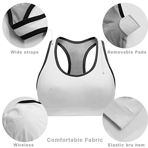 NanaDay Racerback Sports Bras for Women High Impact Workout Gym Yoga Activewear Bra 3-Pack (Black Grey White, 2XL)