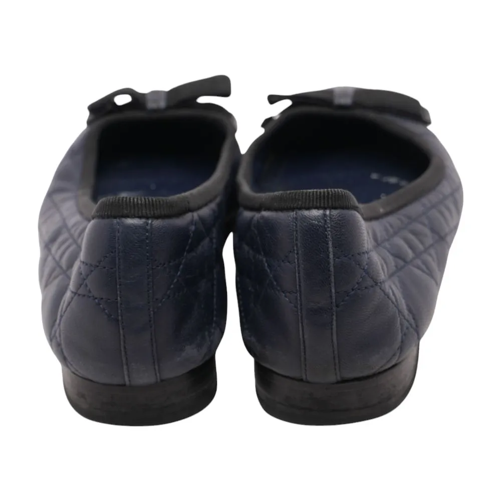 Navy Quilted Cannage Leather Bow Ballet Flats