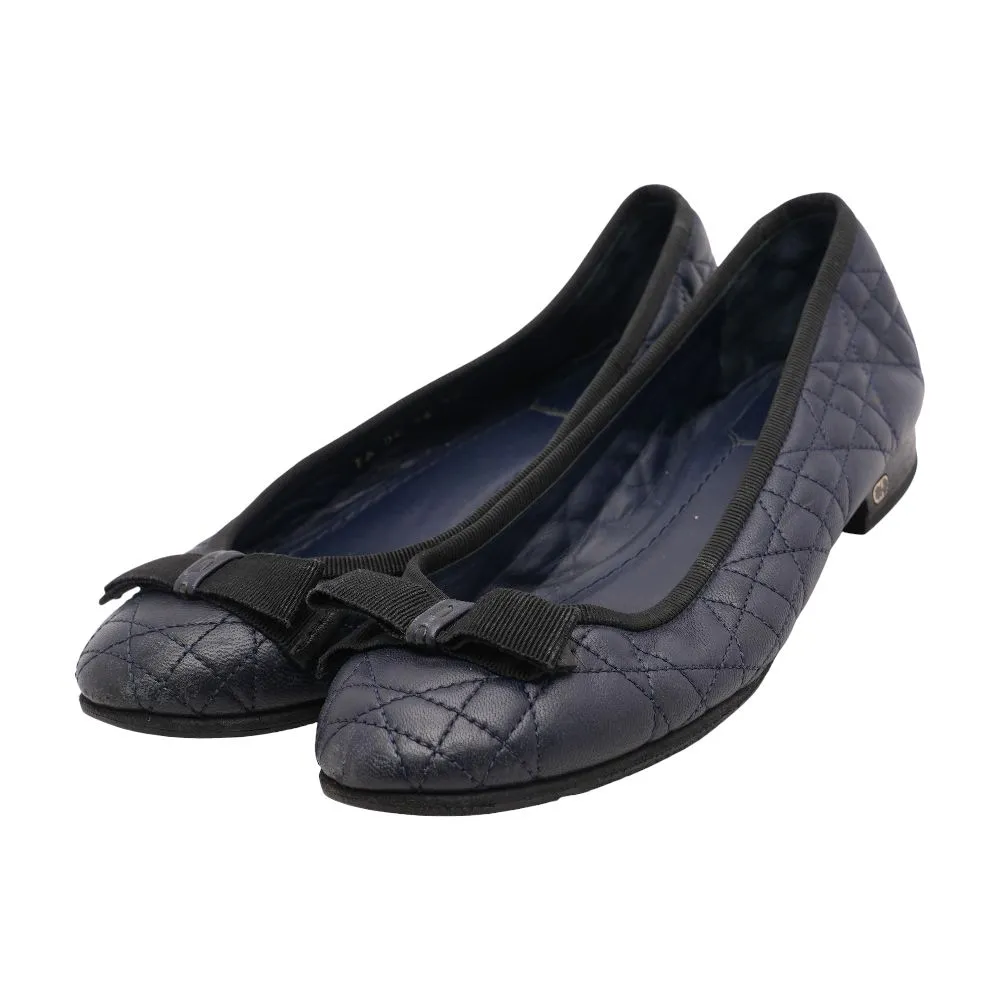 Navy Quilted Cannage Leather Bow Ballet Flats