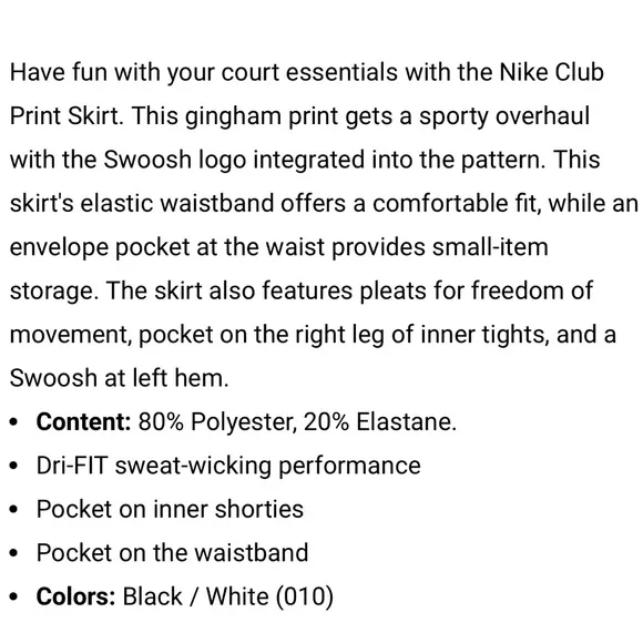 Nike Dri-FIT sz XS black &amp; White logo check print Club Performance Tennis skort