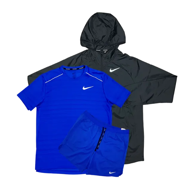 Nike Miler T-Shirt - Windbreaker - Flex Stride Shorts Outfit - Royal Blue/Black