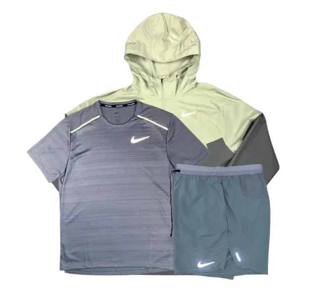 Nike Miler T-Shirt - Windrunner - Flex Stride Shorts Outfit - Grey/Olive Aura/Grey