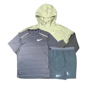 Nike Miler T-Shirt - Windrunner - Flex Stride Shorts Outfit - Grey/Olive Aura/Grey