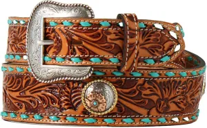 Nocona Floral Tooled with Turquoise Buckstitch Belt