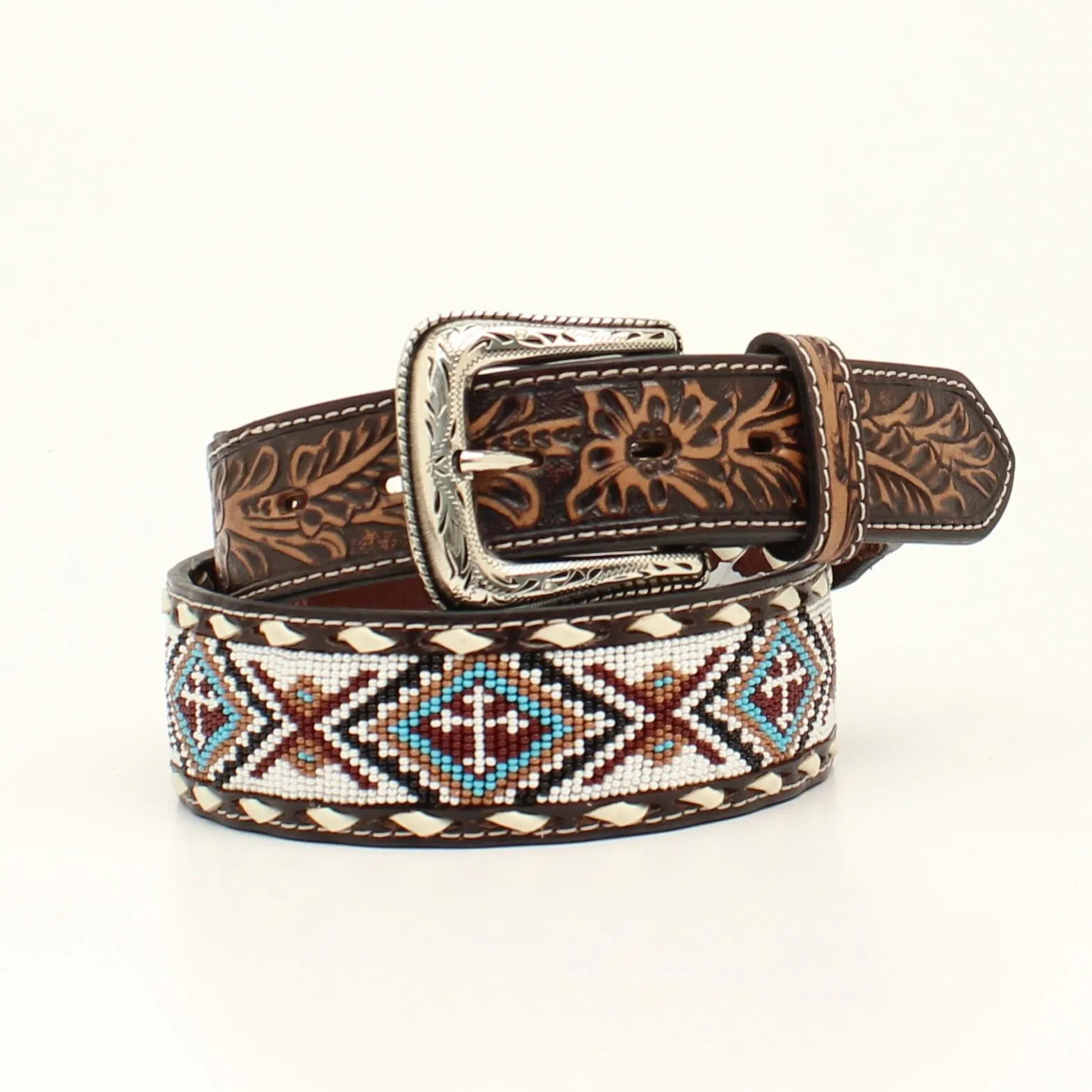 NOCONA MENS BELT 1 7/8 - 1 1/2 FLORAL TABS BEADED BUCK LACING WHITE