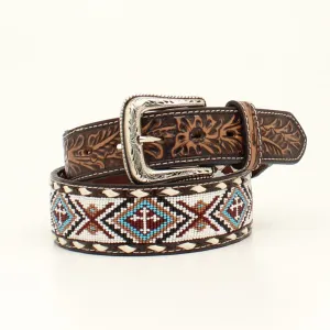 NOCONA MENS BELT 1 7/8 - 1 1/2 FLORAL TABS BEADED BUCK LACING WHITE