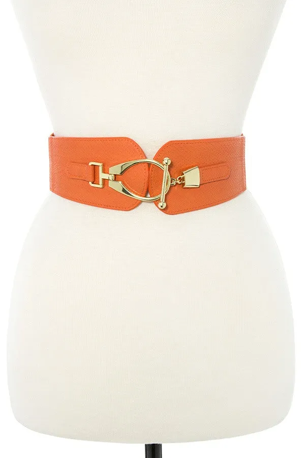 Oval link metal faux leather stretch belt