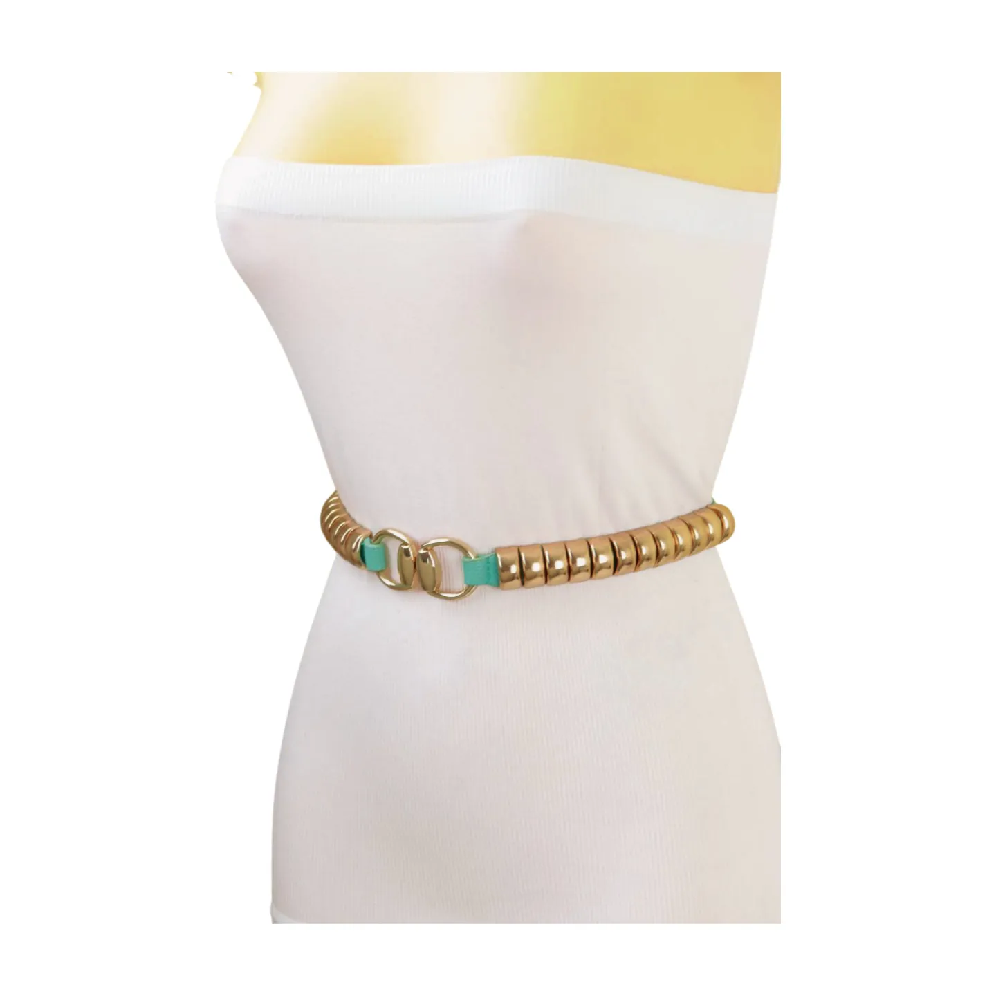 Pastel Teal Blue Elastic Belt Gold Metal Buckle Fit Size S M