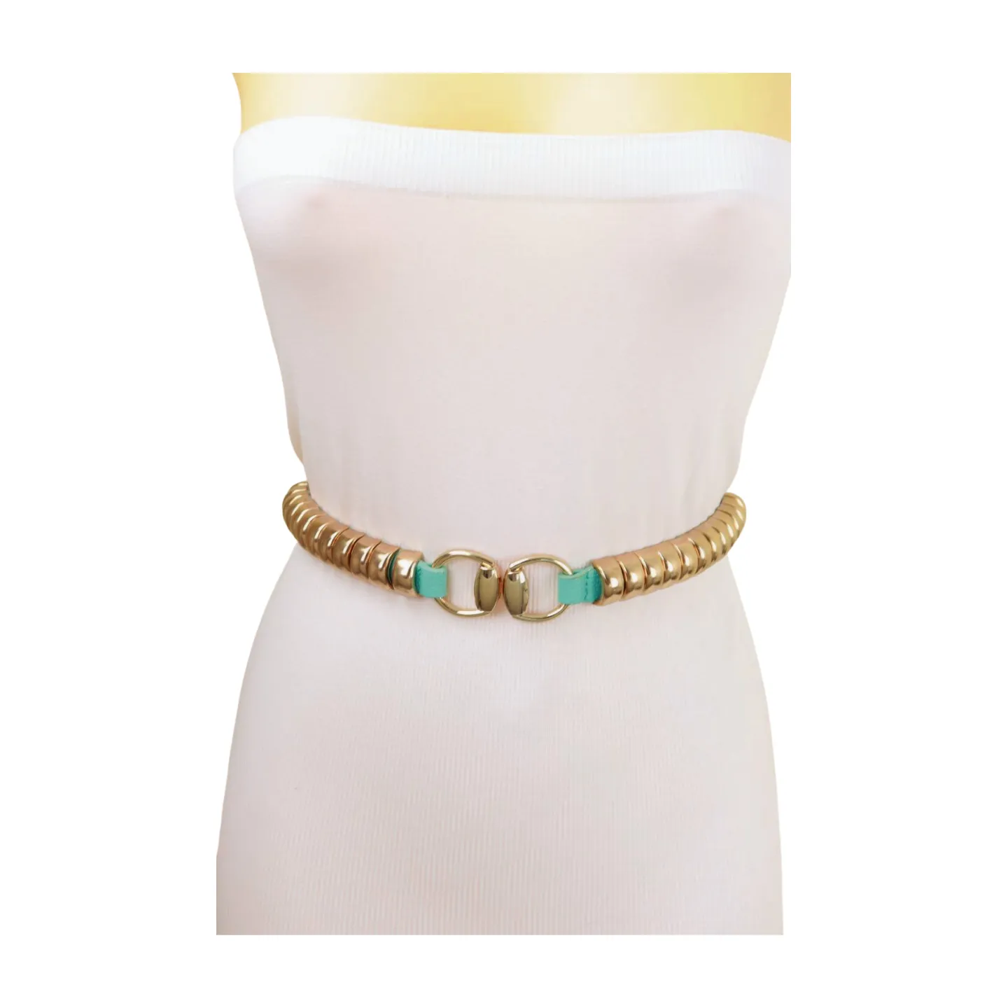 Pastel Teal Blue Elastic Belt Gold Metal Buckle Fit Size S M