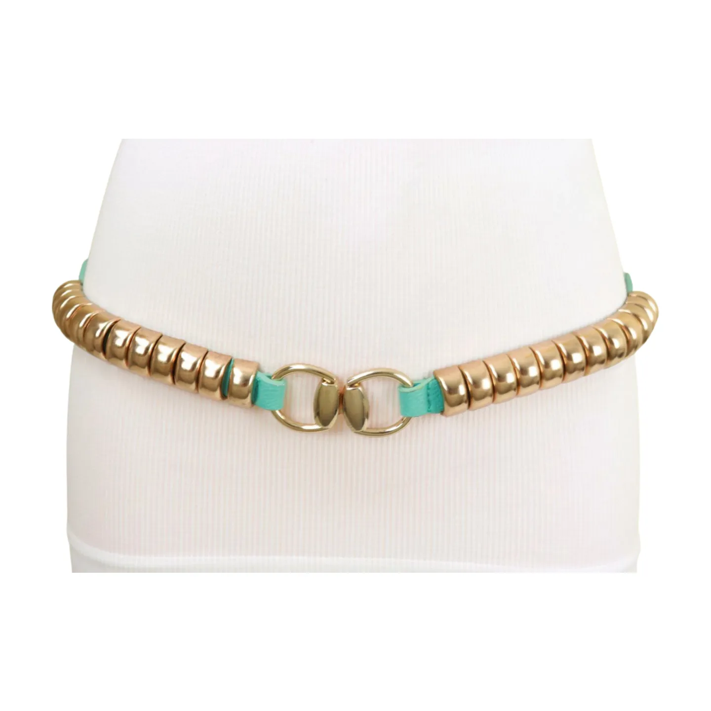 Pastel Teal Blue Elastic Belt Gold Metal Buckle Fit Size S M