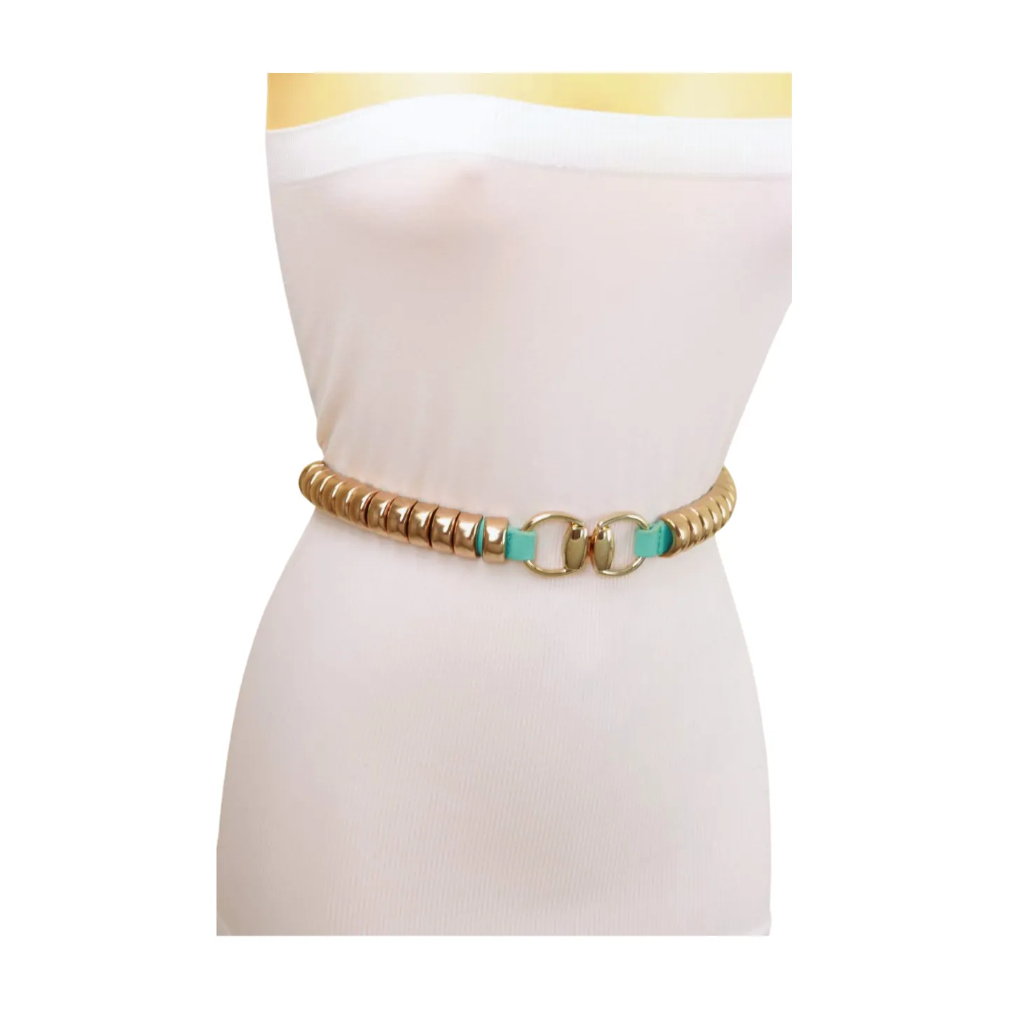 Pastel Teal Blue Elastic Belt Gold Metal Buckle Fit Size S M