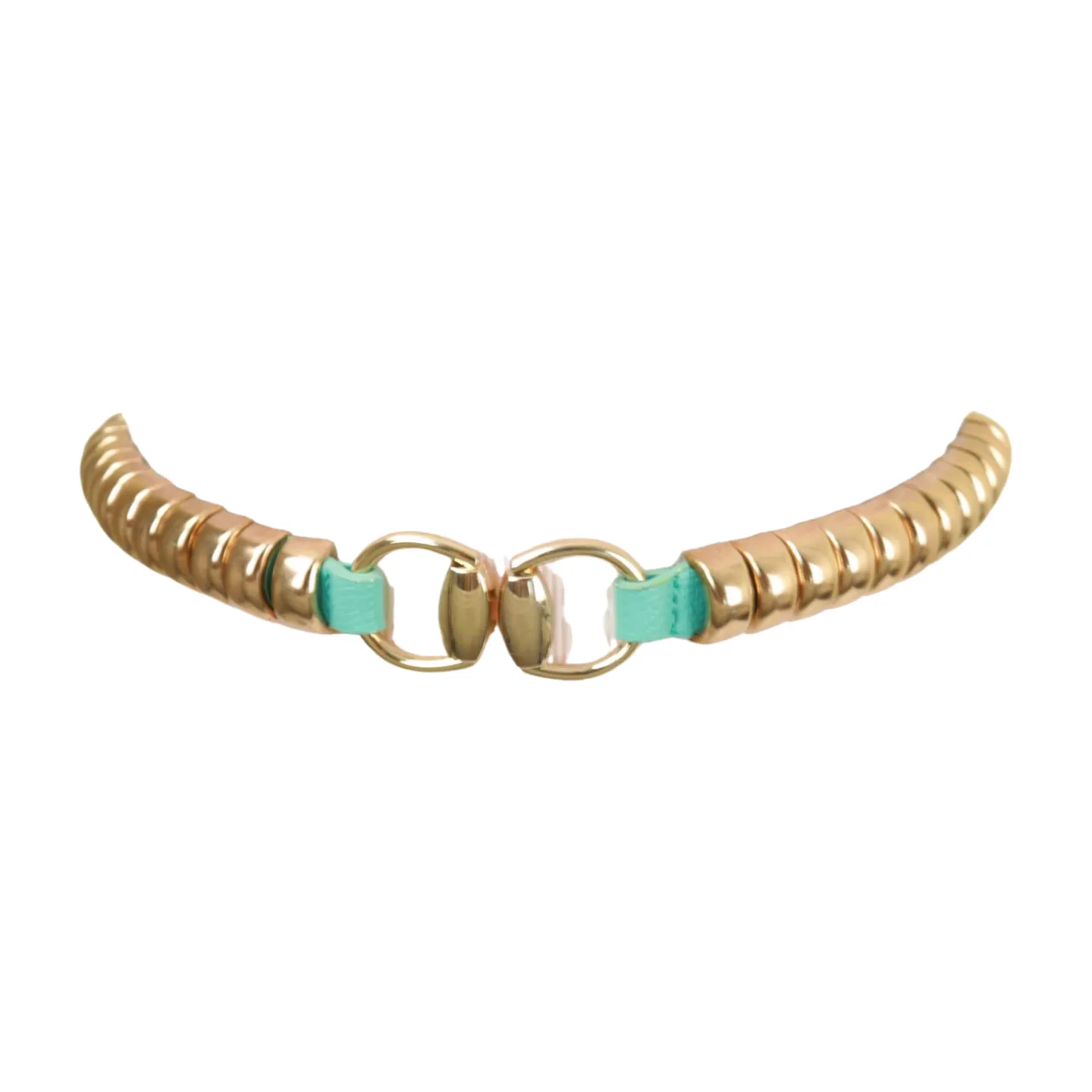 Pastel Teal Blue Elastic Belt Gold Metal Buckle Fit Size S M