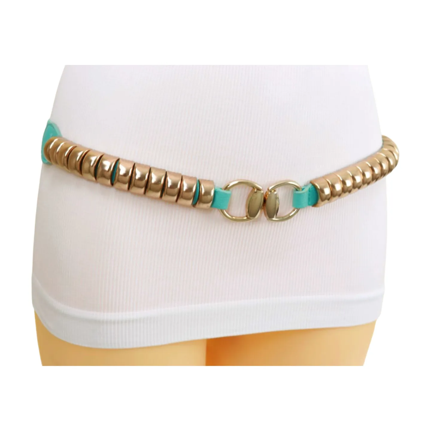 Pastel Teal Blue Elastic Belt Gold Metal Buckle Fit Size S M