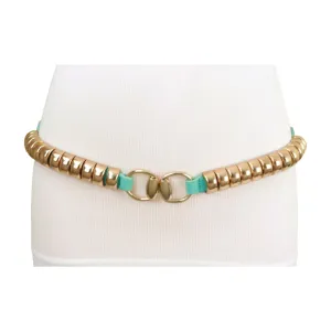 Pastel Teal Blue Elastic Belt Gold Metal Buckle Fit Size S M