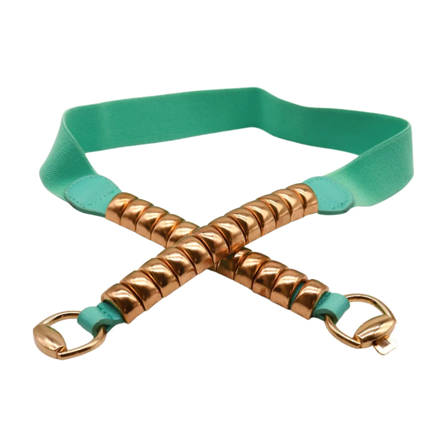 Pastel Teal Blue Elastic Belt Gold Metal Buckle Fit Size S M