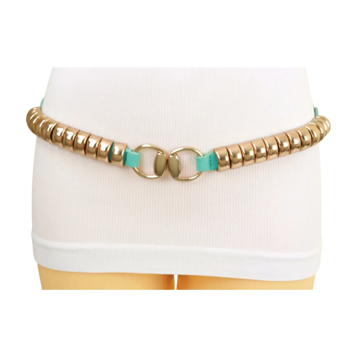 Pastel Teal Blue Elastic Belt Gold Metal Buckle Fit Size S M