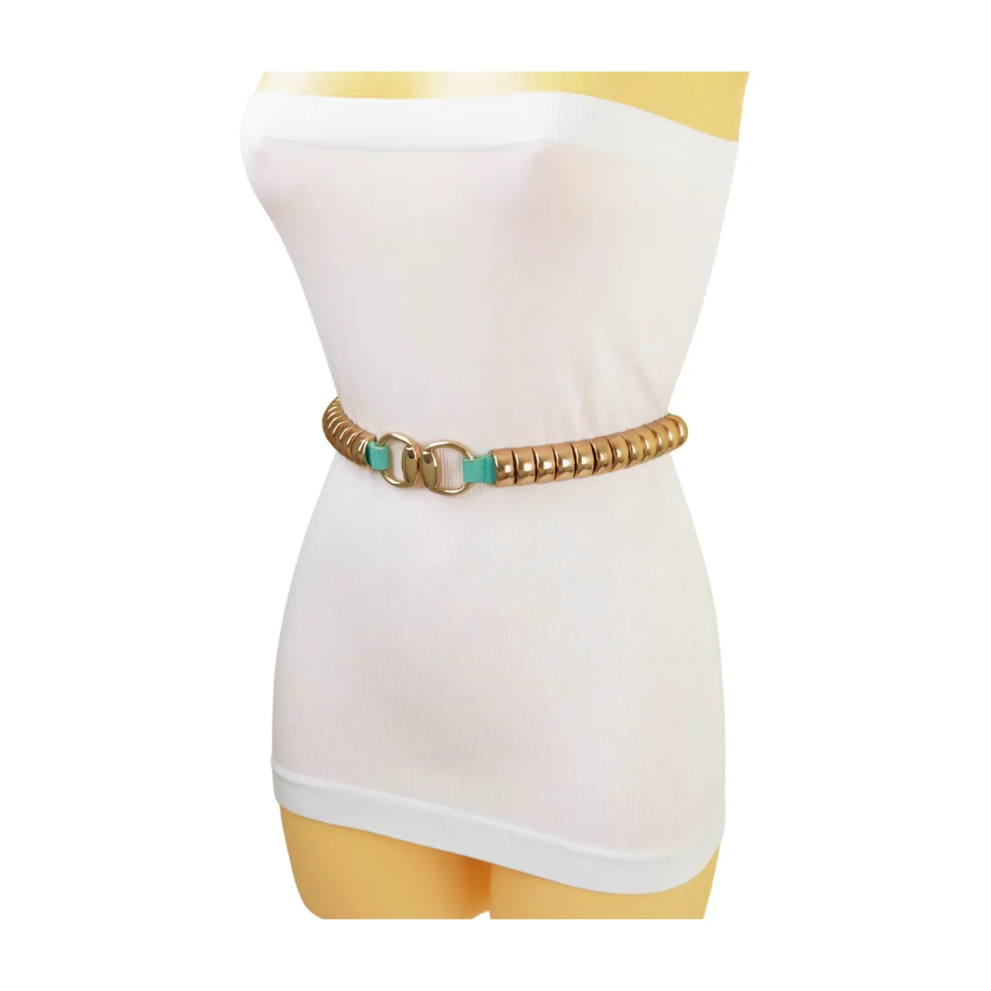 Pastel Teal Blue Elastic Belt Gold Metal Buckle Fit Size S M