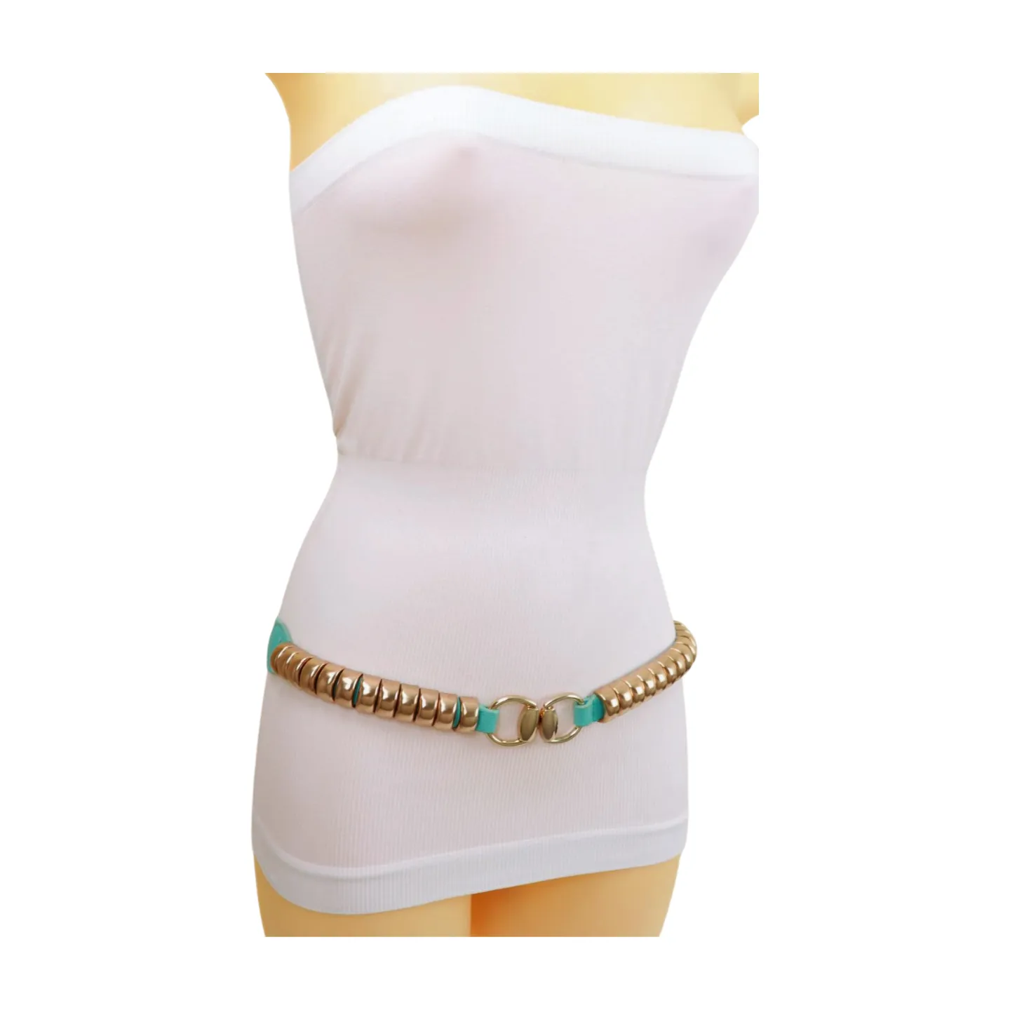 Pastel Teal Blue Elastic Belt Gold Metal Buckle Fit Size S M