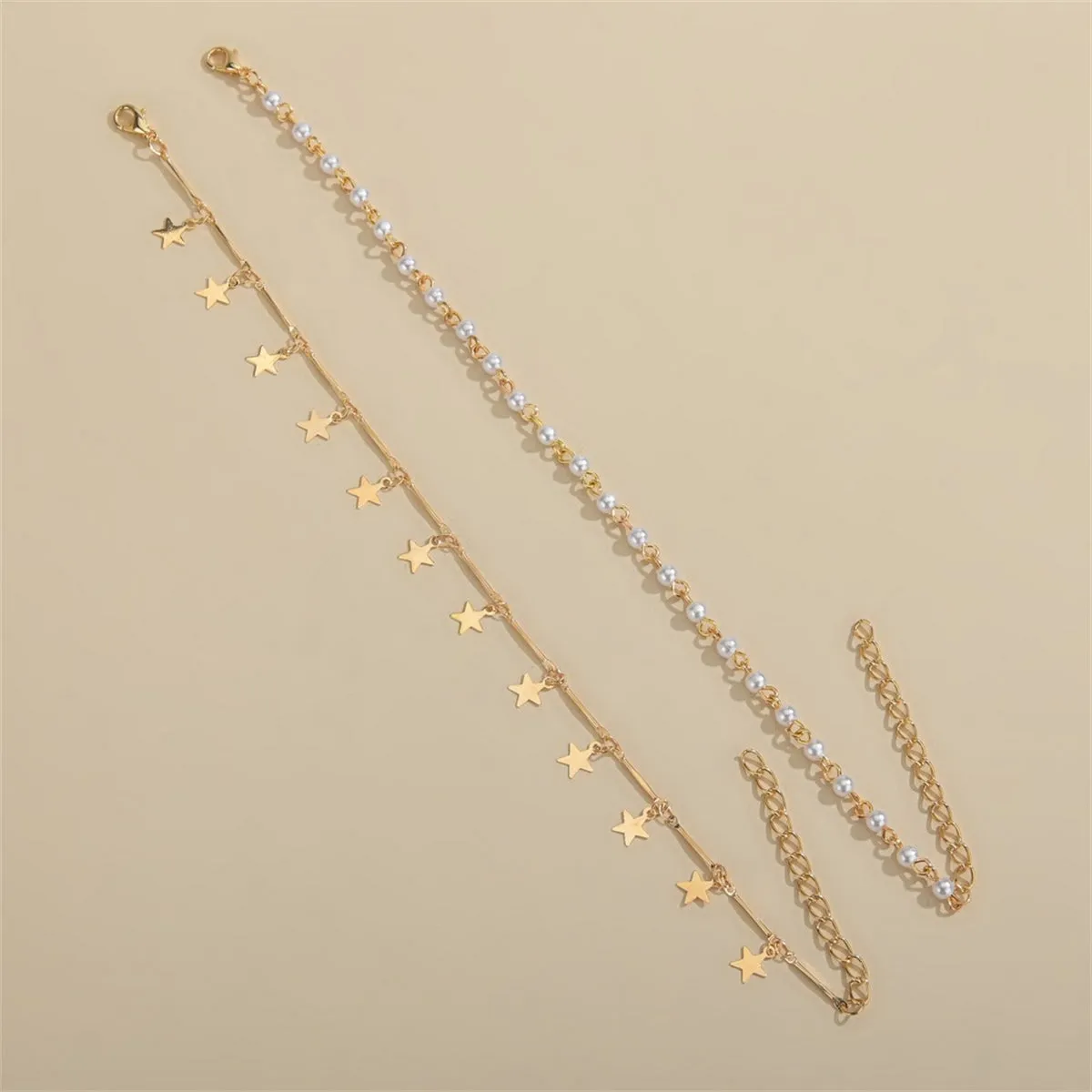 Pearl & 18K Gold-Plated Star Tassel Anklet Set