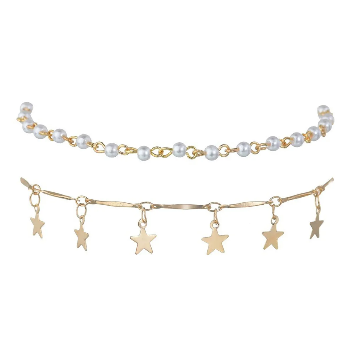 Pearl & 18K Gold-Plated Star Tassel Anklet Set
