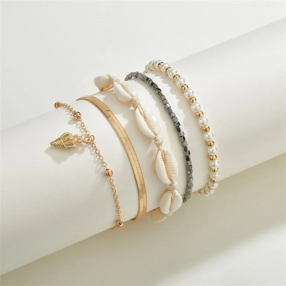 Pearl & Shell 18K Gold-Plated Herringbone Chain Anklet Set