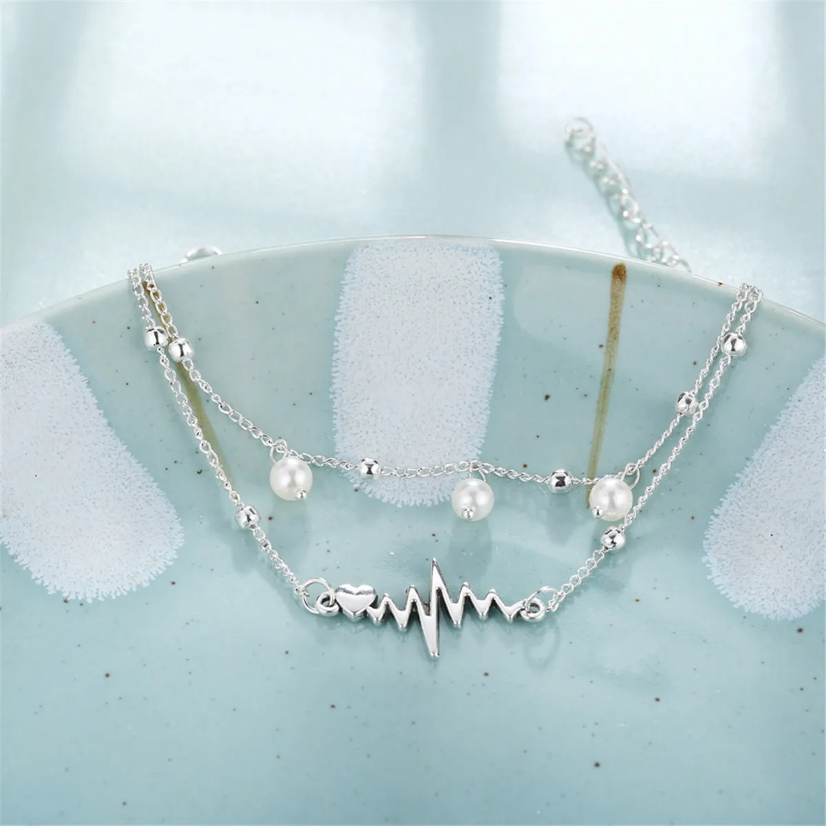 Pearl & Silver-Plated Heartbeat Layered Anklet