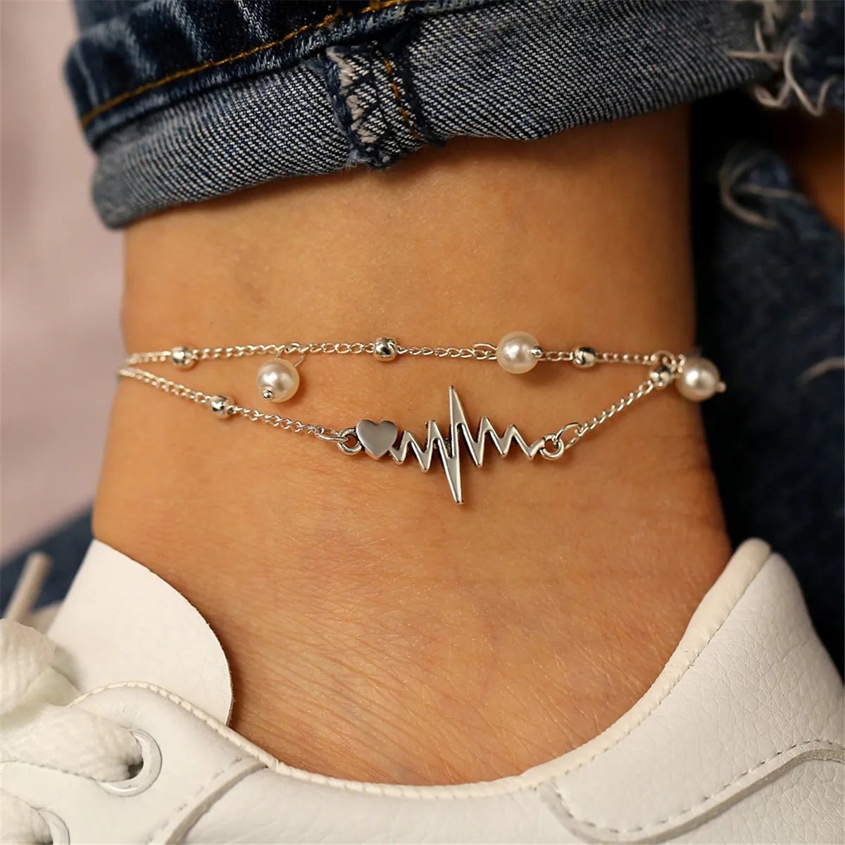 Pearl & Silver-Plated Heartbeat Layered Anklet