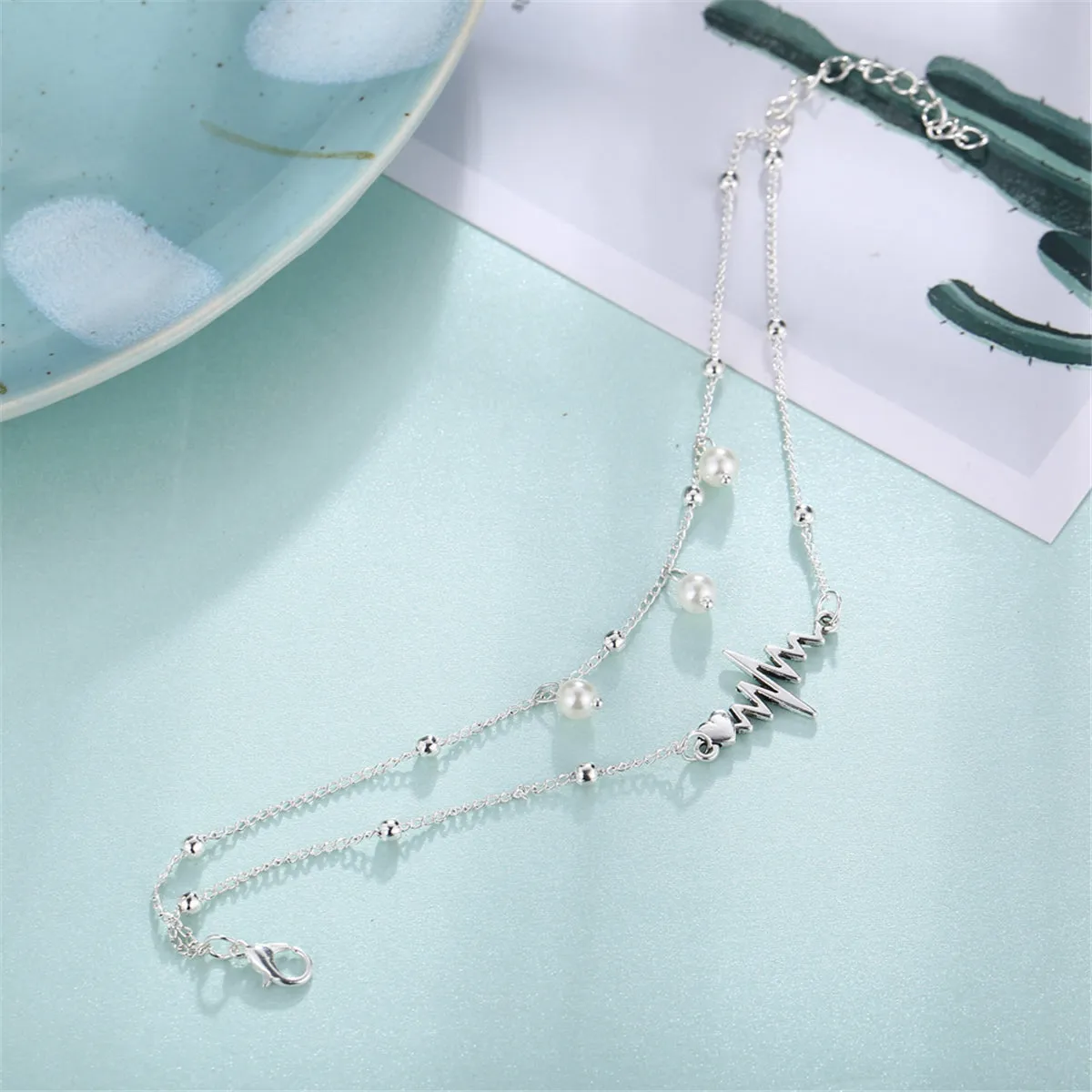 Pearl & Silver-Plated Heartbeat Layered Anklet