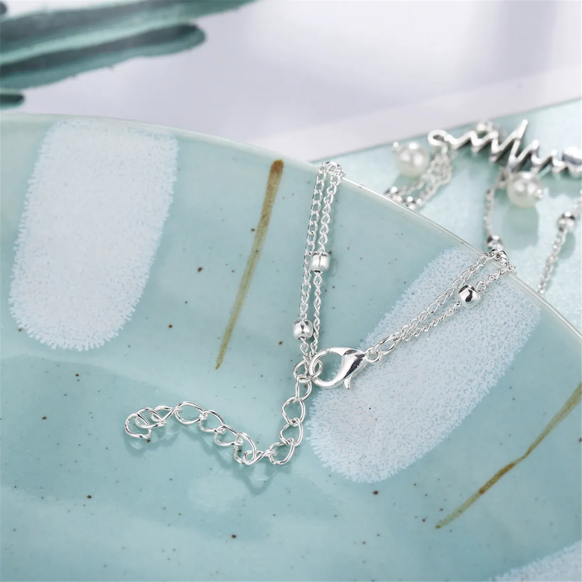 Pearl & Silver-Plated Heartbeat Layered Anklet