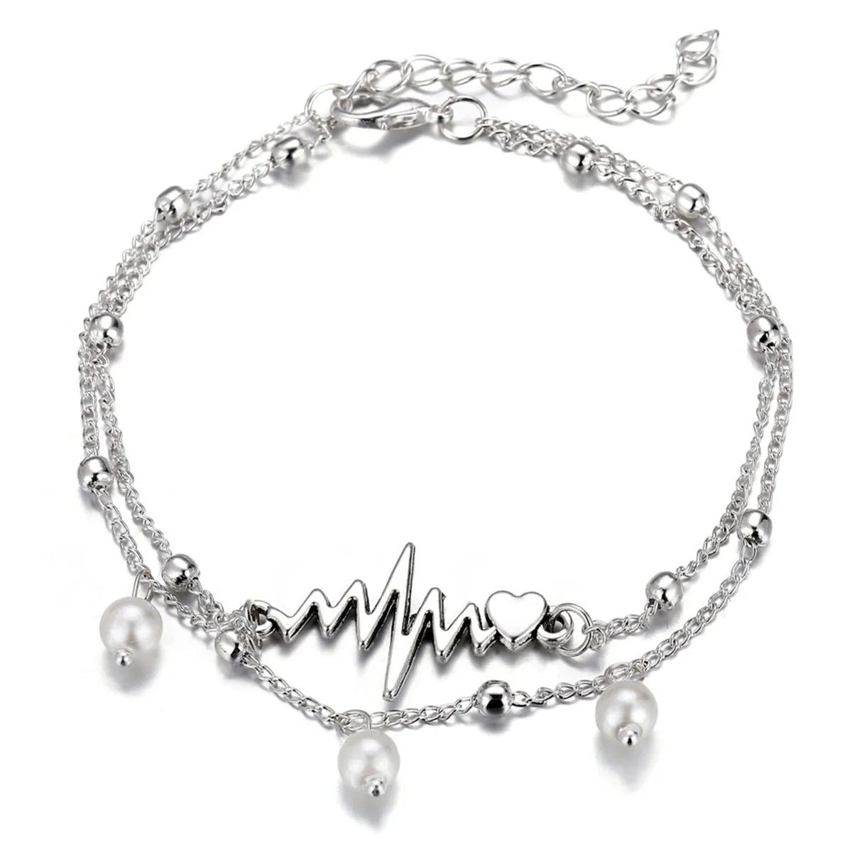 Pearl & Silver-Plated Heartbeat Layered Anklet