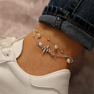 Pearl & Silver-Plated Heartbeat Layered Anklet