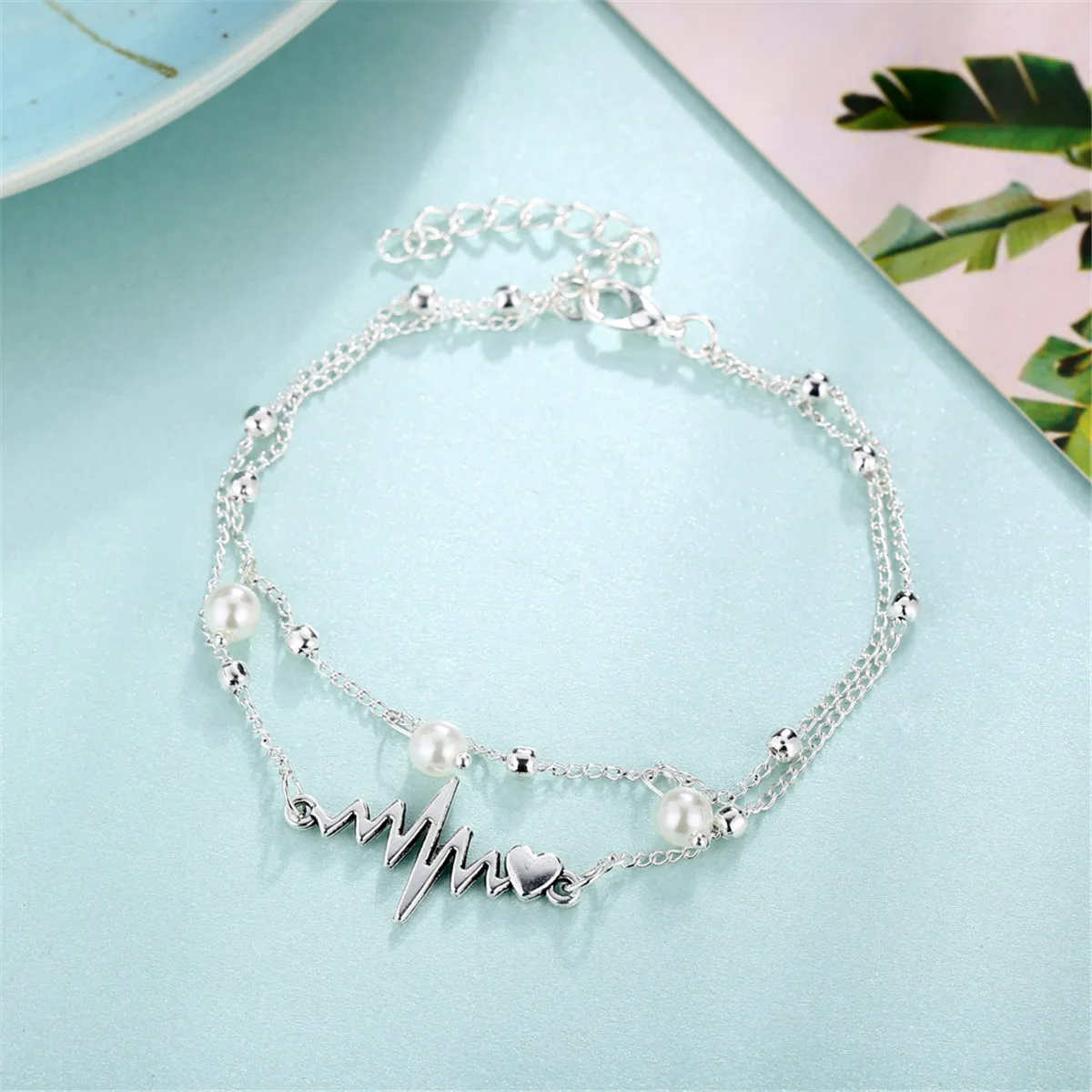 Pearl & Silver-Plated Heartbeat Layered Anklet