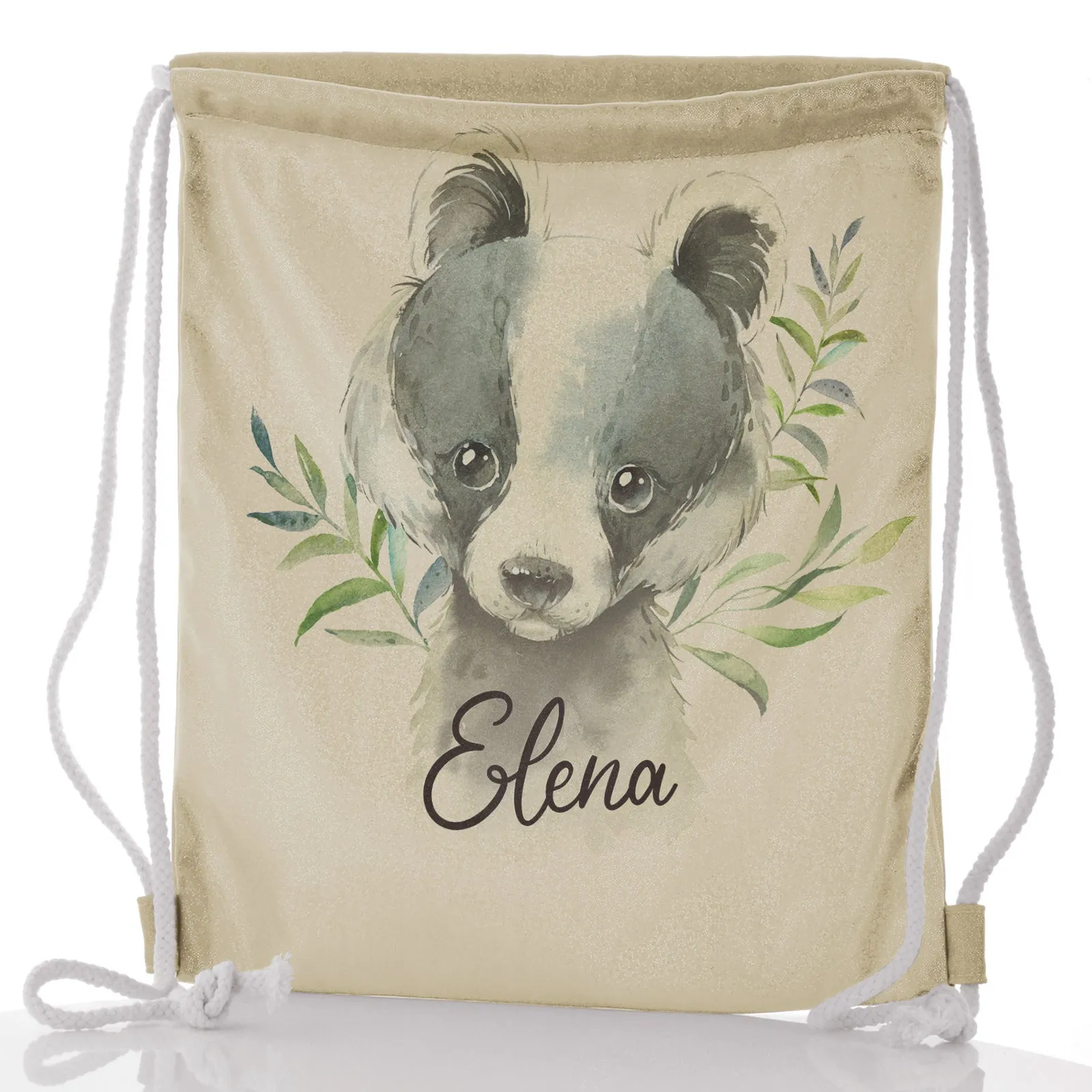 Personalised Glitter Drawstring Backpack with Black and White Badger Leaves and Cute Text