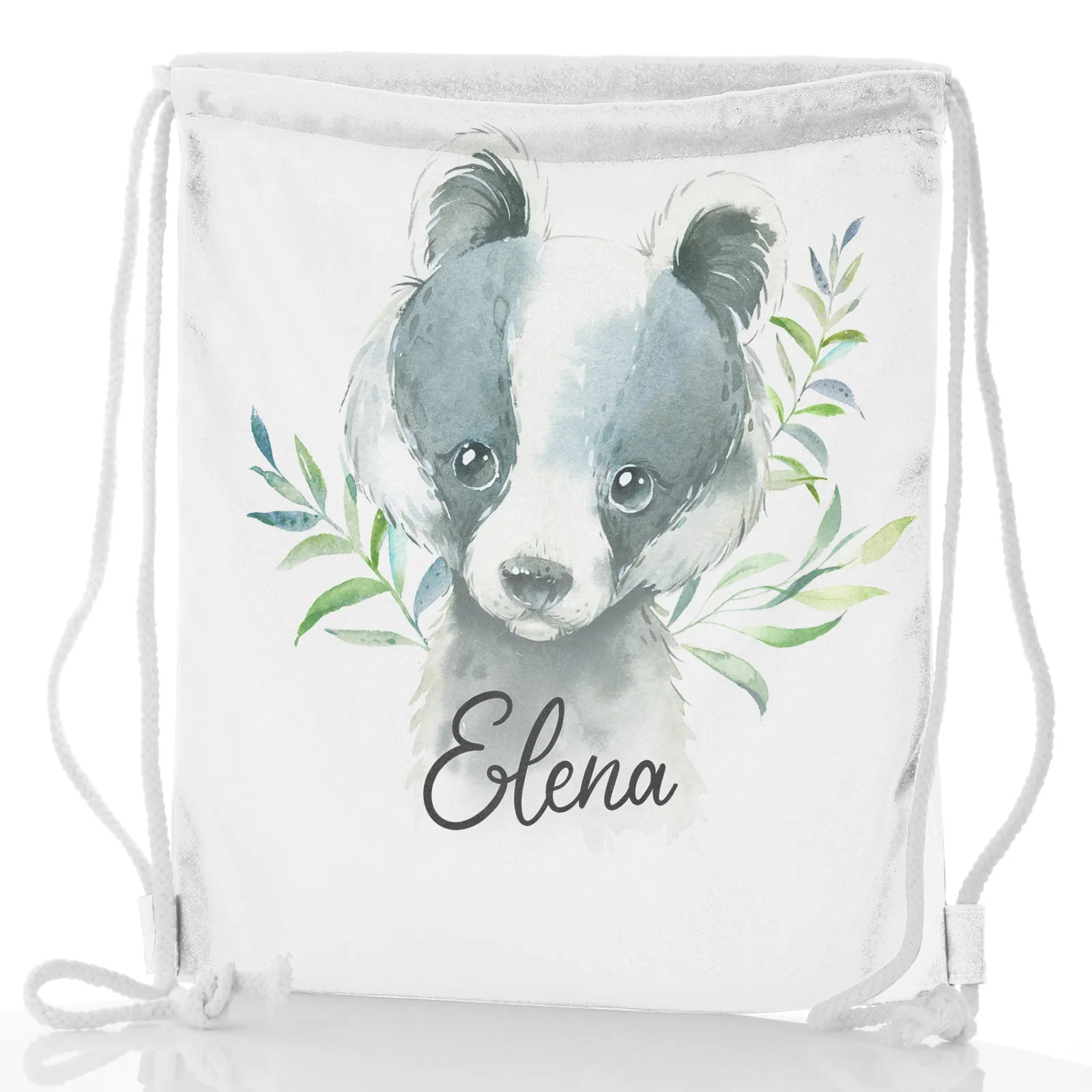 Personalised Glitter Drawstring Backpack with Black and White Badger Leaves and Cute Text