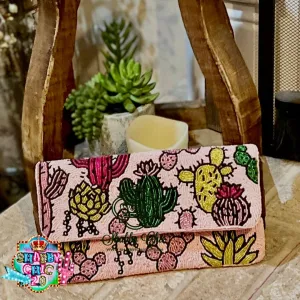 Pink Beaded Cactus Clutch/Crossbody Bag