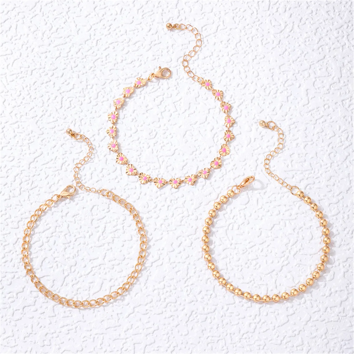 Pink Enamel & 18K Gold-Plated Heart-Chain Anklet Set